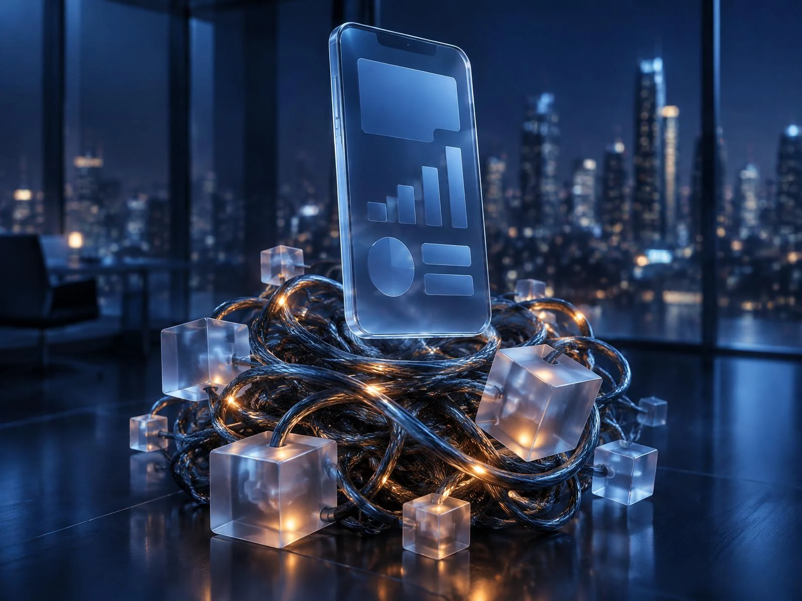 A glass app panel above tangled blue data cables and cubes with amber highlights