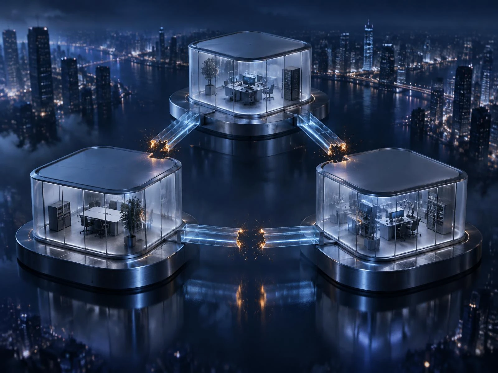 Three glass office pods above a night skyline with broken light bridges and amber sparks
