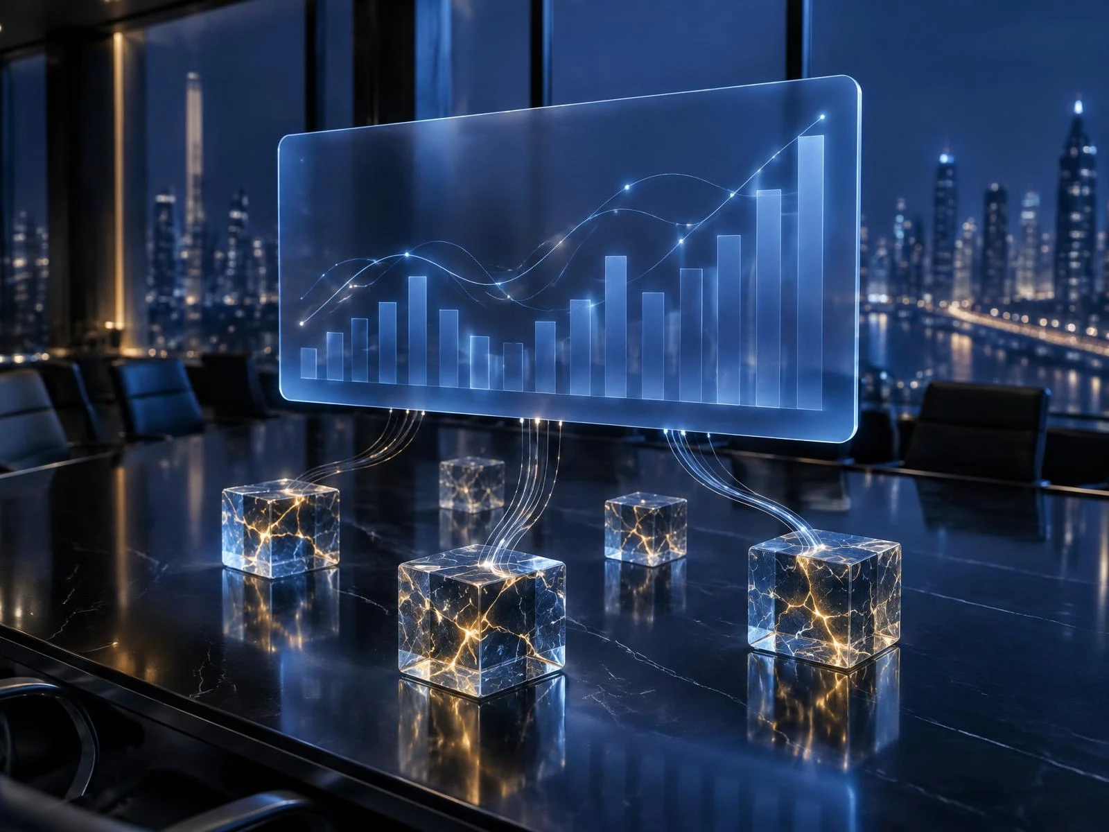 A frosted-glass dashboard fed by cracked data cubes glowing amber in a navy boardroom