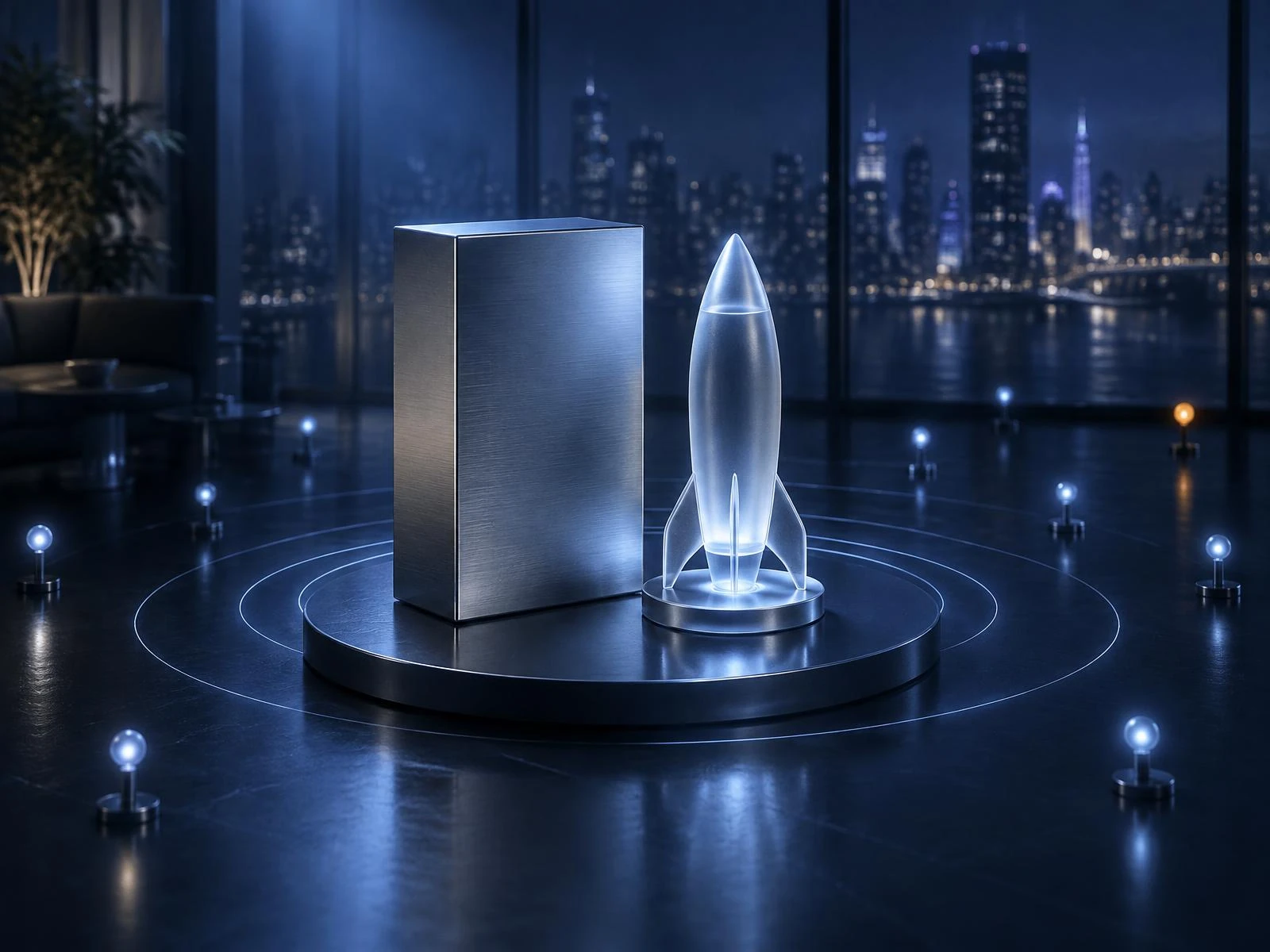 A glass rocket and product box under a blue spotlight with distant light nodes and one amber node