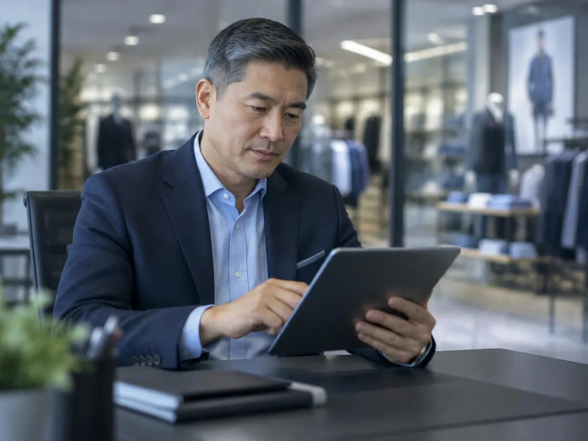 Retail executive reviewing pricing insights on a tablet in a store office