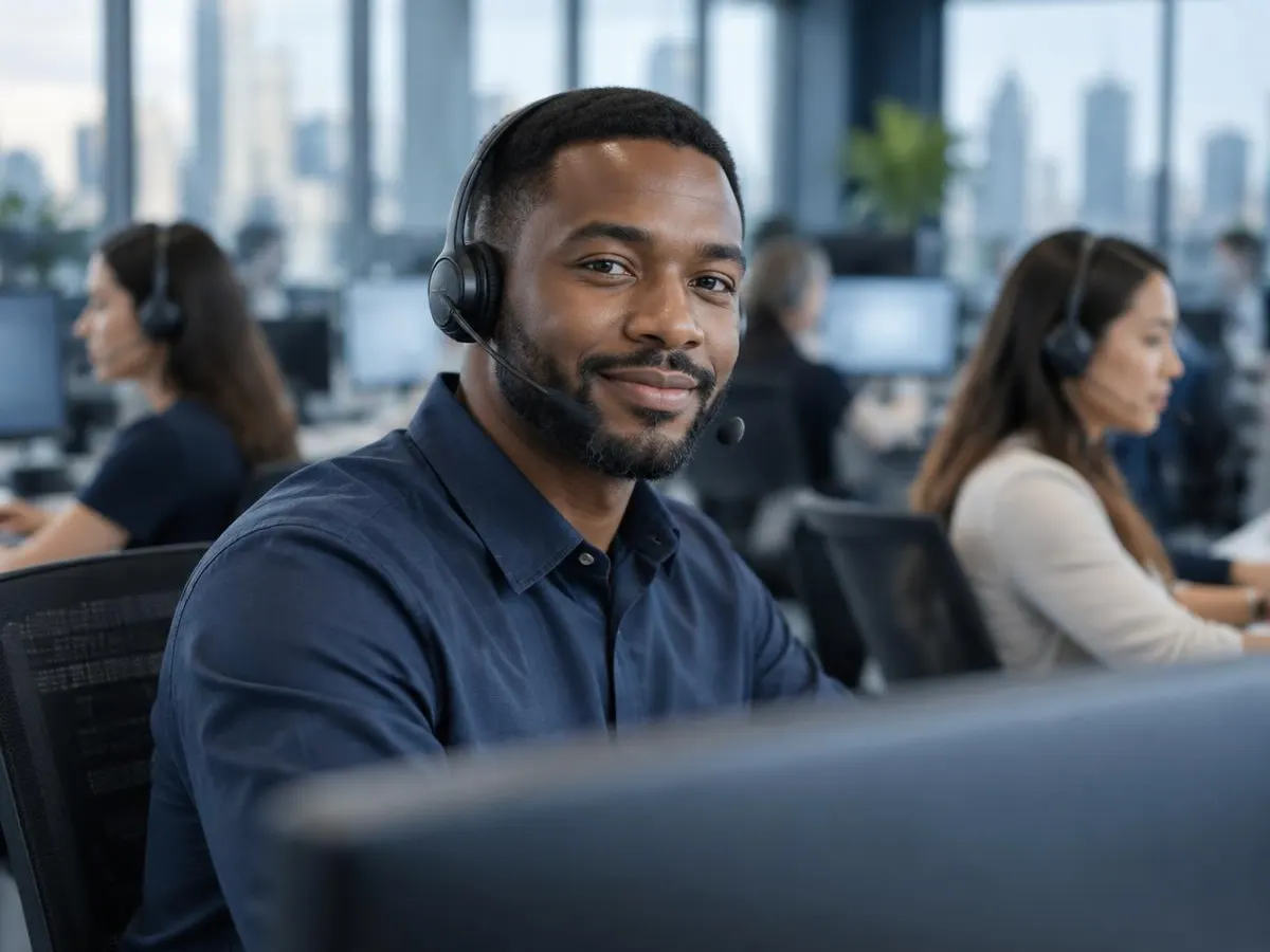 Contact-centre agent wearing a headset in a modern support hub