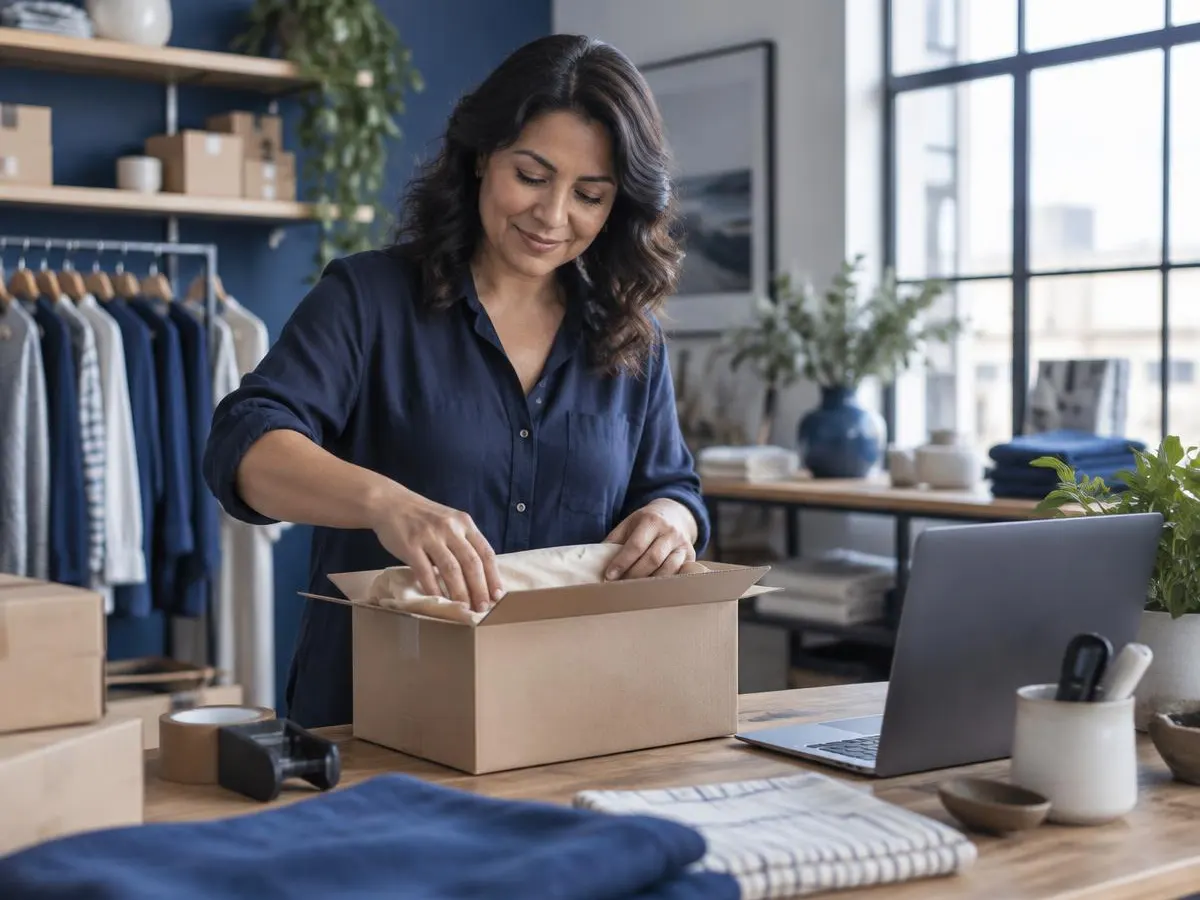 Online-store owner packing an order next to a laptop