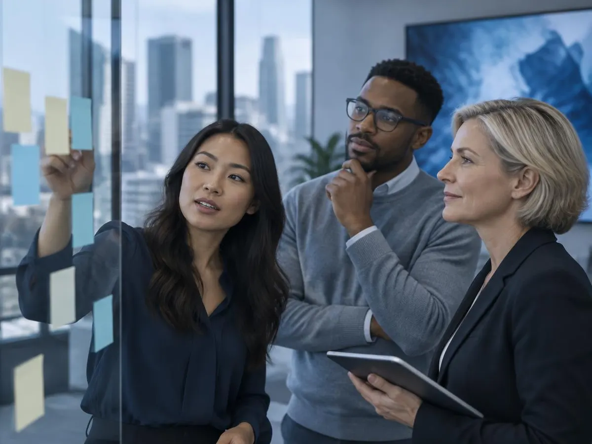 Project team planning together at a glass wall with sticky notes